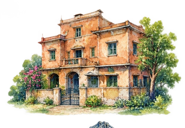 Ilustración en acuarela: casa acogida