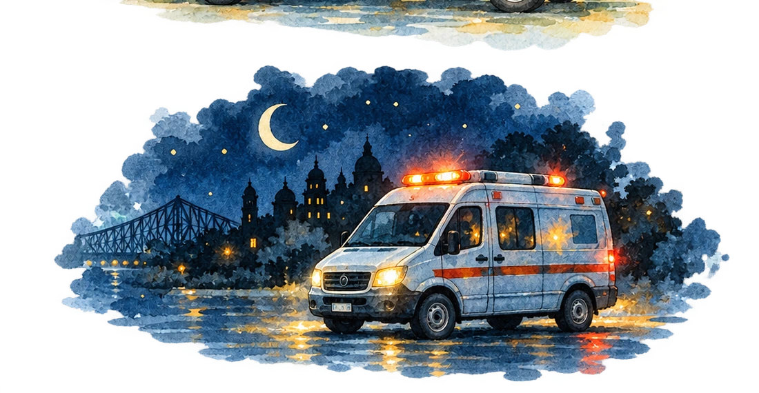 Ilustración en acuarela: ambulancia nocturna